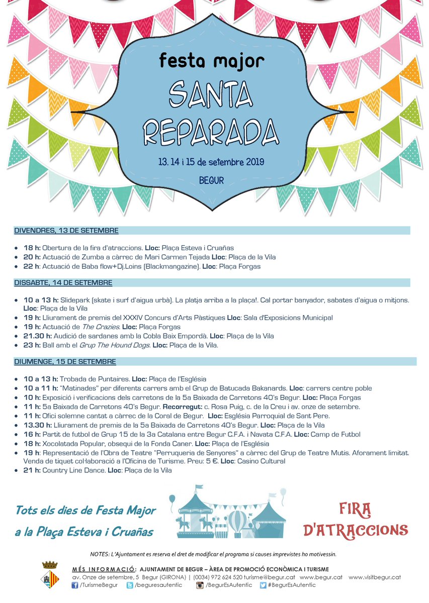 BegurEsAutentic's tweet photo. Aquest divendres 13 de setembre, comença la Festa Major de Santa Reparada🎊🎊. Esteu preparats per tot el que us espera? Aquí teniu el programa durant aquests tres dies!
#FestaMajor #Begur #Beguresautentic #SantaReparada https://t.co/nr0ptQYzo0