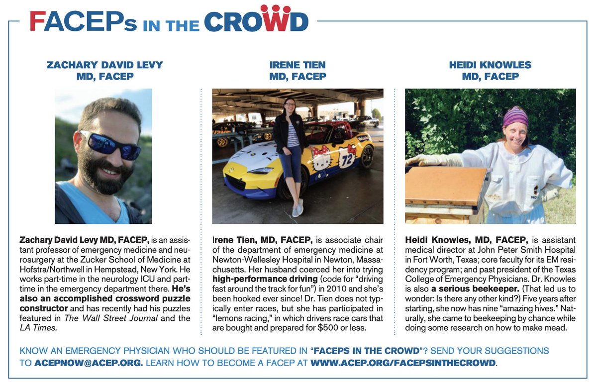 ACEPNation's tweet photo. More than 12,000 ACEP members have achieved Fellow status with the College and use the #FACEP designation with pride! Our FACEPs in the Crowd section highlights #ACEP Fellows who have fascinating hobbies and passions outside the ED.
More: https://t.co/Q0aGY7Dila https://t.co/J7dYs9ILUC