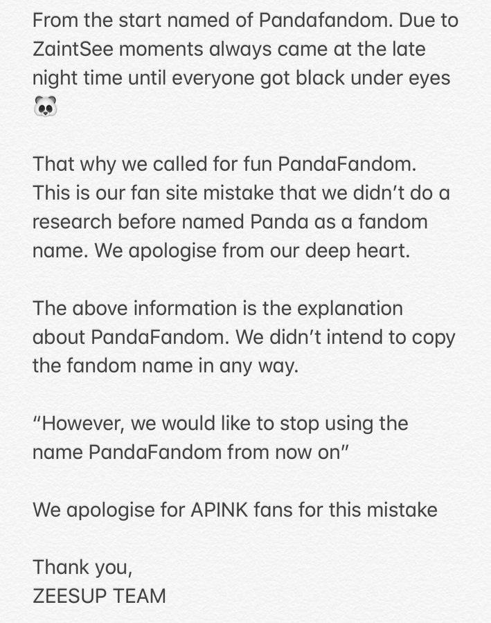 ZeePrukFCLatino's tweet photo. Ya no usaremos el nombre de #PandaFandom.
Nuestras disculpas sinceras a #Apink fans al igual que también les agradecemos por su comprensión 🙏❤️
Aquí la traducción del comunicado de ZeeSup Team: https://t.co/8tJ5kcApCg
