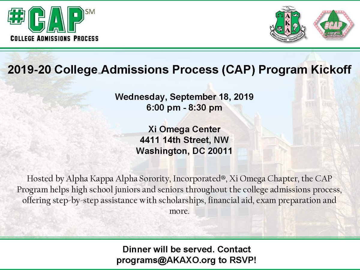 akaxo's tweet photo. The 2019-2020 school year is well underway and this means that juniors and seniors are now likely taking part in the college admissions process. Our #CAP Program kickoff will be held on September 18, 2019 at the Xi Omega Center, RSVP to: programs@AKAXO.org  
#CAP #XOCAP #AKA1908 https://t.co/ZgKF1MN75M