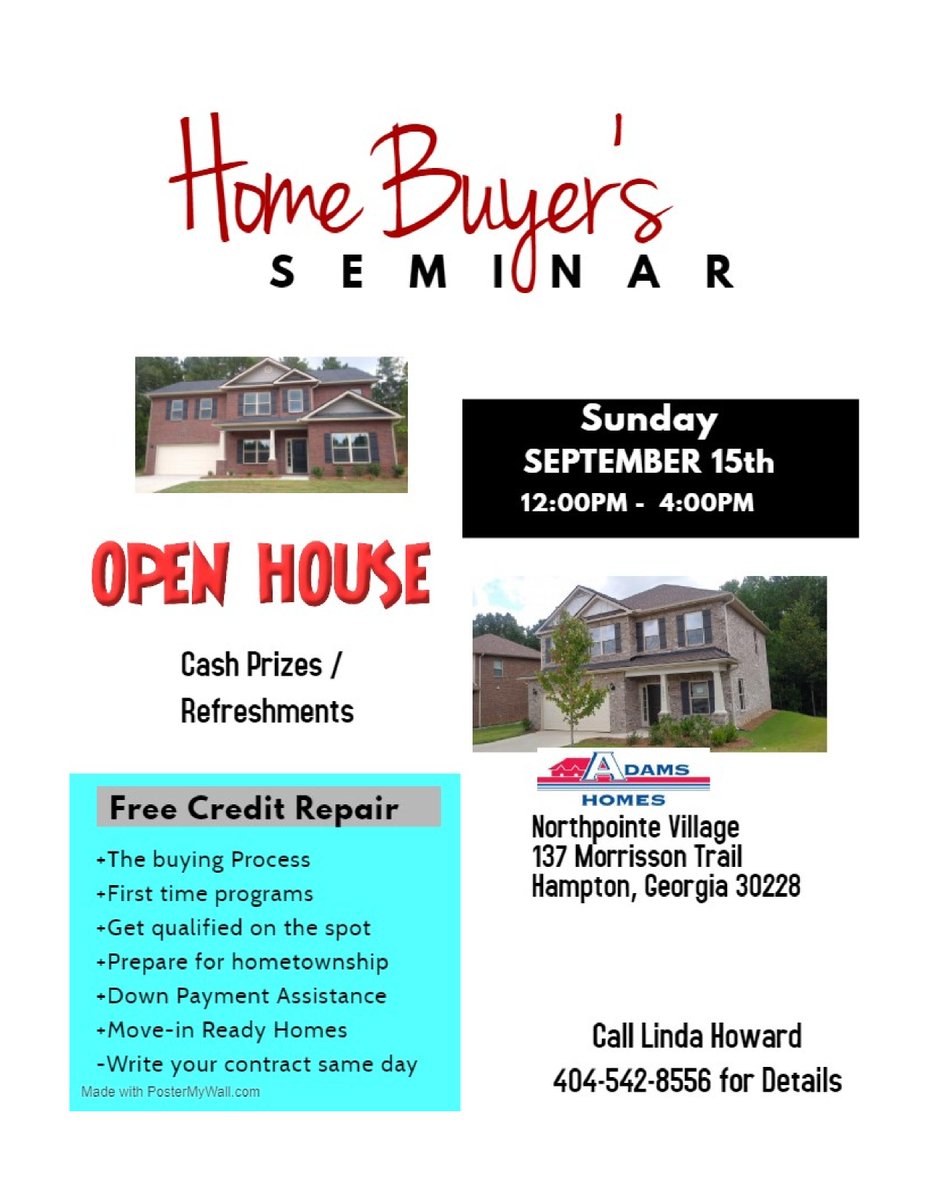 donnacarlock's tweet photo. You are Invited to our FREE Home Buyer's Workshop!

Learn about the home buying process, free credit repair &amp; down payment assistance, qualified on the spot, move-in ready homes, and write your contract the same day!

(PLUS You don't want to miss the Free Snacks &amp; CASH Prizes!) https://t.co/PC7uvY2V1D