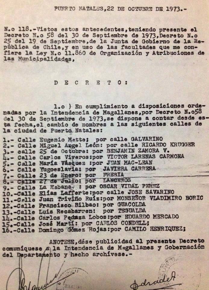 La dictadura Militar cambio los nombres de las calles de Puerto Natales.