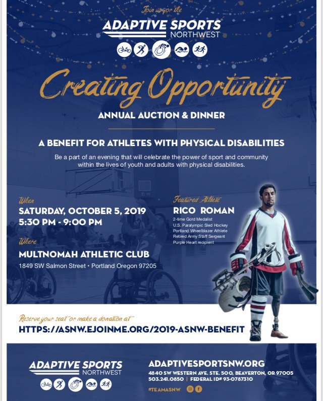 Adaptive Sports NW (@adaptsportsnw) on Twitter photo Join us in creating opportunity through sport for athletes with disabilities.
Our annual Auction & Dinner, sponsored by
<a href="/oresportsaction/">Oregon Sports Action</a>, is taking place on OCT. 5.
Buy YOUR tickets today!
*Find more information on the flyer attached* Join us in creating opportunity through sport for athletes with disabilities.
Our annual Auction & Dinner, sponsored by
<a href="/oresportsaction/">Oregon Sports Action</a>, is taking place on OCT. 5.
Buy YOUR tickets today!
*Find more information on the flyer attached*