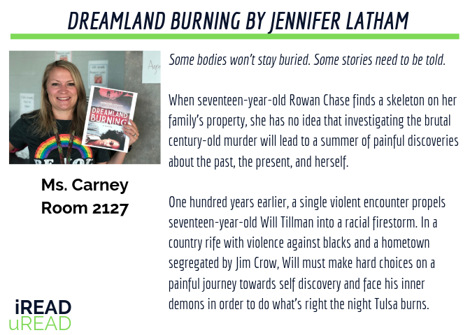 LSWLMC's tweet photo. Check out Mrs. Carney's iREAD uREAD pick today! Need more information about iREAD uREAD - stop by the LSW Library ASAP. #WhatWeDo #R7LibrariesTransform #LSWHSLibrary https://t.co/idP2iClWe5