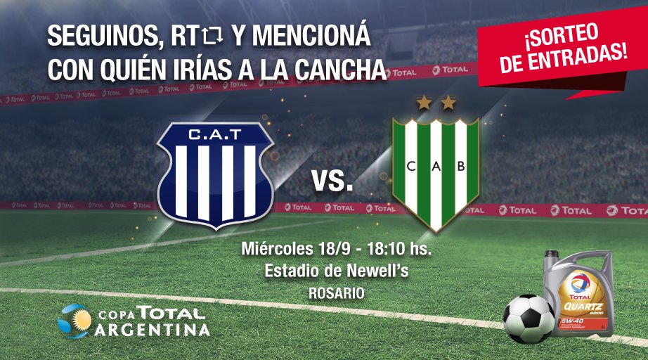 ¡SORTEO DE ENTRADAS para ver <a href="/CATalleresdecba/">Club Atlético Talleres</a> vs. <a href="/CAB_oficial/">Club A. Banfield</a> el miércoles 18/9 en el Estadio de Newell's Old Boys, ROSARIO!

Seguinos, RT y mencioná con quién irías a la cancha. 
#CopaTOTALArgentina ⚽🇦🇷