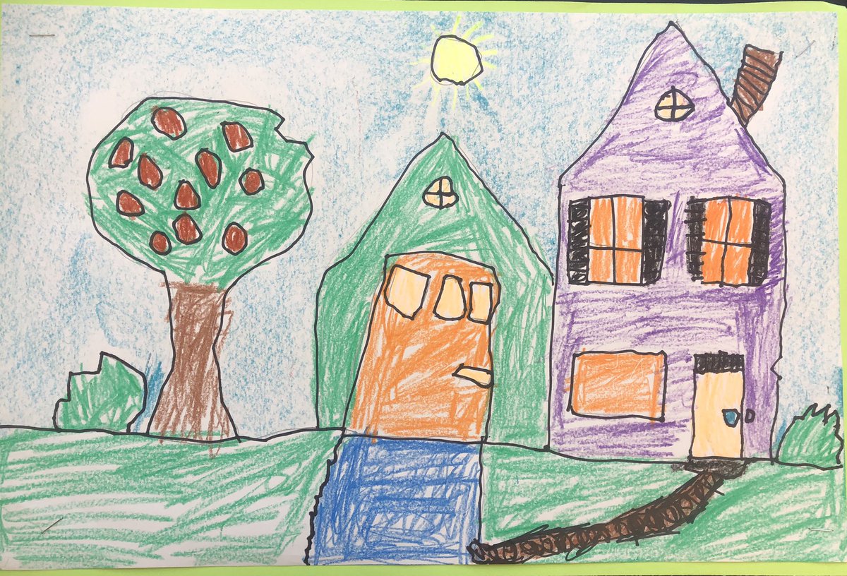 Kindergarten students have completed their first projects in art! Our youngest students made art to life connections with the characteristics of their homes within a landscape. #ellingcen #clsstripes