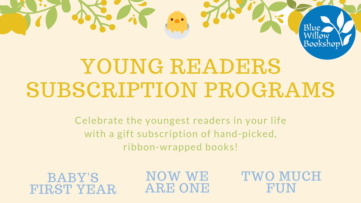 Friends, do you have a special little one in your life? We'd like to tell you about our book subscription programs for your youngest readers! 📖✨ Our newest program is "Two Much Fun." (Yes, we're proud of that name.)

Learn about our subscriptions here: bluewillowbookshop.com/babys-first-ye…