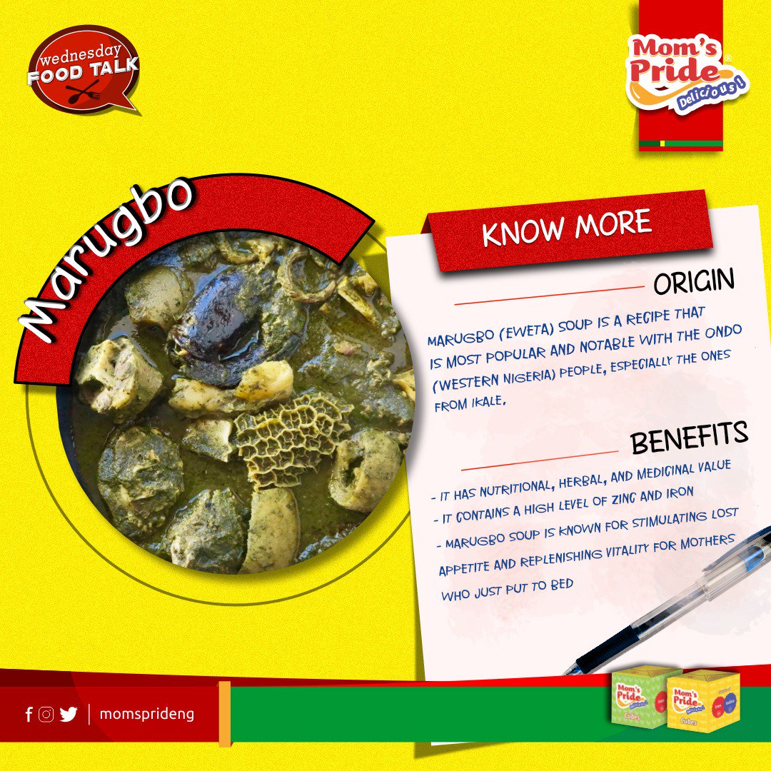 MomsPrideNG's tweet photo. #WednesdayFoodTalk is here again!

Guess what soup recipe we are talking about today; #Marugbo (#Eweta) #soup, which is popular among the Ikale people in Ondo.

This soup some really cool nutritional benefits you should check out.

#TastyFoods
#DeliciousMeals
#MomsPrideSeasoning https://t.co/760Koqvgs3