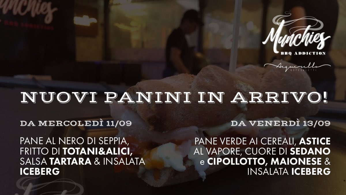 BbqMunchies's tweet photo. Da oggi siamo aperti dal mercoledì alla domenica! Abbiamo un paio di panini nuovi, a breve le foto. 

Vi aspettiamo dalle 19:00 al @AcquerelloIM !

Beverage by Bar Pinky  

#munchies #astice #paninogourmet #ospedaletti #bbqaddiction https://t.co/ReT4OFb1AK