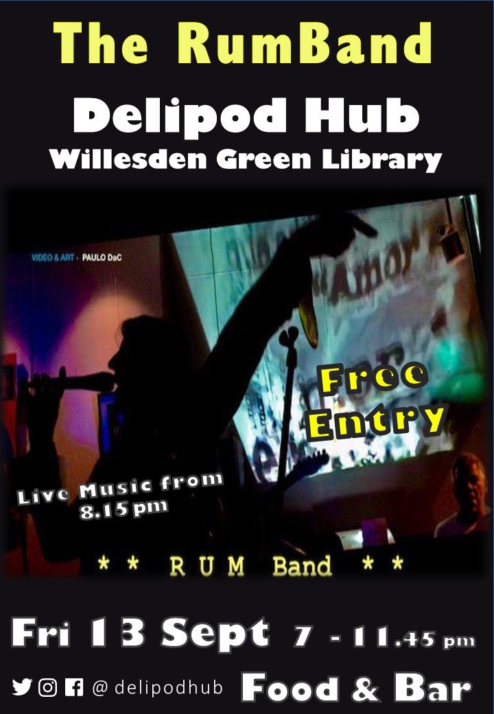 delipodhub's tweet photo. The RumBand | Fri 13 Sept | Blues, rock, soul, funk, reggae, ska, Latin, jazz and calypso carnival - it’s all go in on. Fantastic musicians. Let’s keep it sizzling – forward to a friend… @BrentLibraries @KensalGreenRA @KensalRiseRA @LifeInKilburn @NW10KTRA @WillGreenRA https://t.co/UHNu5lhE9X