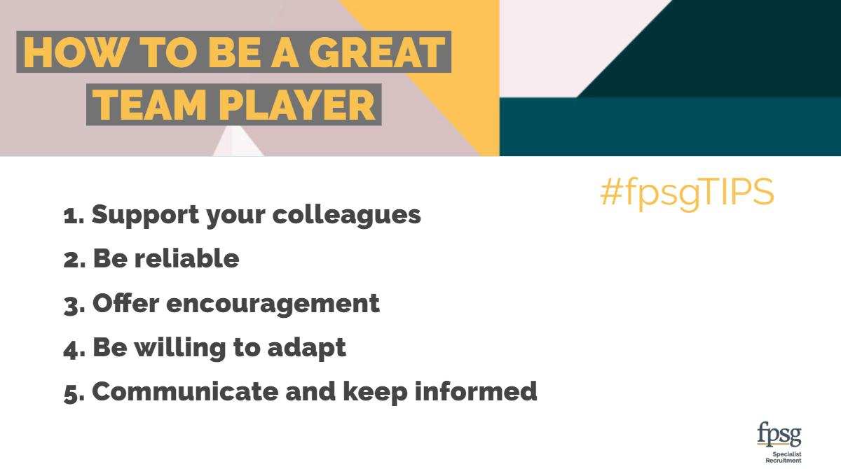 FPSGrecruitment's tweet photo. Team work makes the dream work! Here’s our top tips for being a great team player - remember, tough times don’t last: tough teams do! #wednesdaywisdom #fpsgtips #teamwork #recruitment #glasgow #edinburgh https://t.co/VOXjbrkMqJ