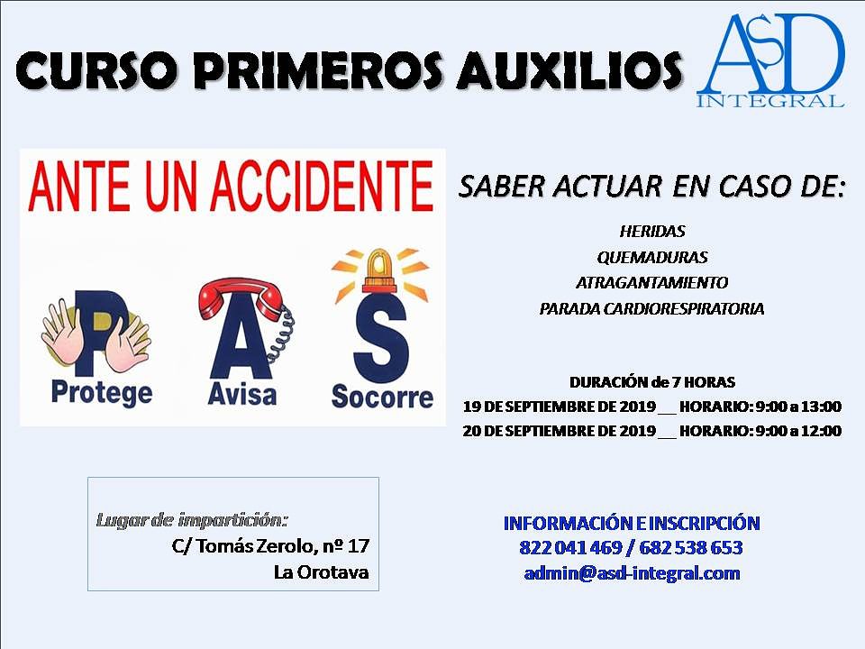 ASDIntegral's tweet image. ⚠️ ATENCIÓN ⚠️ Aún estás a tiempo. Últimas plazas disponibles. El 19 de septiembre de 9:00 a 13:00 y el 20 de septiembre de 9:00 a 12:00. Tenemos curso de "Primeros Auxilios". Se entregará diploma de Asistencia y Aprovechamiento al finalizar el curso.