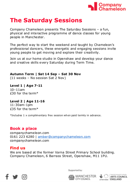 The Saturday Sessions are back! Join us for a fun and physical programme of dance classes for children and young people at our studio East Manchester! Sat 14 Sep - Sat 30 Nov | For more info and how to book: bit.ly/2kc508Z