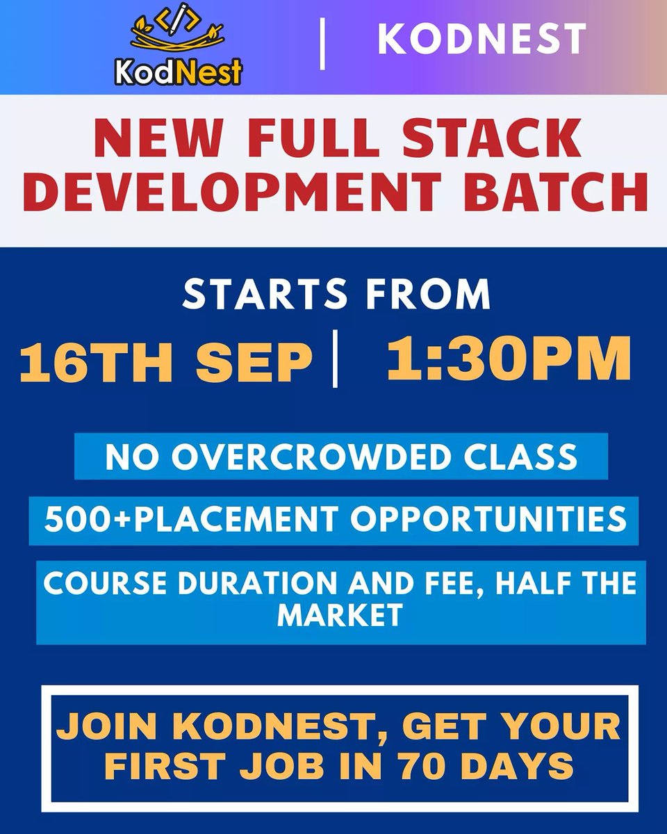 kodnest's tweet photo. #KodNest New Batch Announcement
Date: 16th September - 1:30PM
JOIN #KODNEST's EXCLUSIVE UNIFIED COURSE AND GET YOUR FIRST JOB IN 80 DAYS.
Register for #Unified #Course: https://t.co/qt7UPQXcFp
Call for any query: 9591349349 https://t.co/CrFs2EUPKk