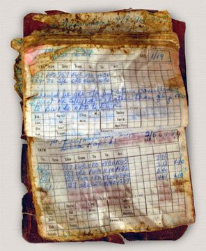 amhistorymuseum's tweet photo. 9/11/2001, 10:03 a.m.: United Flight 93 crashed in an open field near Shanksville, Pennsylvania. Lorraine Bay was among the seven crew members and 33 passengers killed when it crashed. One of United's most experienced flight attendants, she recorded her flights in this book. https://t.co/1Ip8pAk3DQ