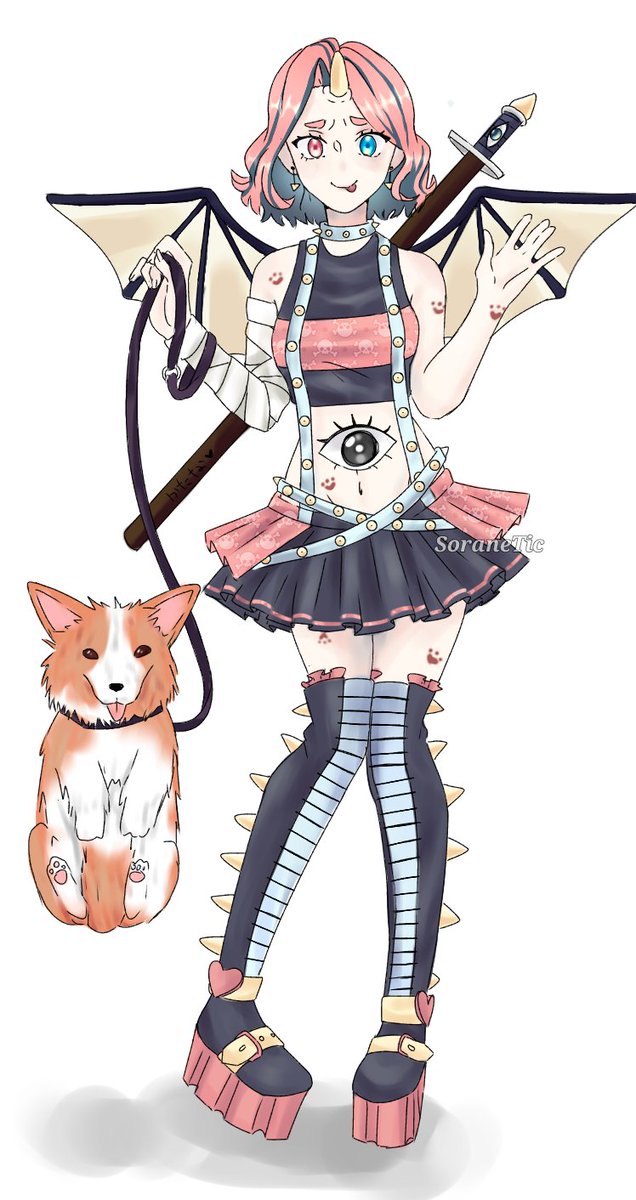 SoraneTic's tweet photo. Felicidades por los 14k @mcgirldraw! 💖 acá está mi cosa para el sorteo yvy

La chica se llama Naru y es un demonio que come almas y las guarda en si misma. El corgi y la Katana son almas que se "saco" para que la ayuden a pelear contra otros seres, tienen forma humana #MCXGAOMON https://t.co/R50clVQSmm