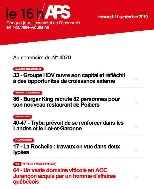 APSecobusiness's tweet photo. Le 16h/APS du Mercredi 11 Septembre 2019

Groupe HDV, @cmarkea, @BurgerKingFR et @Tryba_France sont à la une de l'actualité aujourd'hui.

Consultez les articles sur :
https://t.co/3wklRQoPIW

Recevez gratuitement le 16h/APS :
https://t.co/FDSIOt13eK https://t.co/zR7Md4Unjf