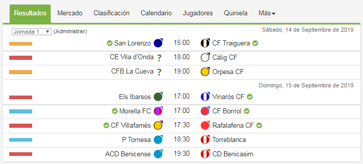 📆 1ªReg 1
 
<a href="/CD_SanLorenzo/">CDSanLorenzoMassama</a> <a href="/CFTraiguera/">CF Traiguera</a> <a href="/ceviladonda/">CE Vila d'Onda</a> <a href="/CALIG_CF/">Càlig CF</a> CFB La Cueva <a href="/Orpesa_CF/">Orpesa Club de Fútbol</a> Els Ibarsos @Vinaroscf1920 <a href="/Morella_FC/">Morella FC</a> <a href="/CF_Borriol/">CF Borriol</a> @cfvilafames @AVVRafalafenaCF <a href="/ce_poblatornesa/">C.D.La Pobla Tornesa</a> <a href="/cf_torreblanca/">cftorreblanca</a> <a href="/acd_c/">A.C.D Benicense</a> @cdbenicasimes

➡️siguetuliga.com/liga/comunidad…