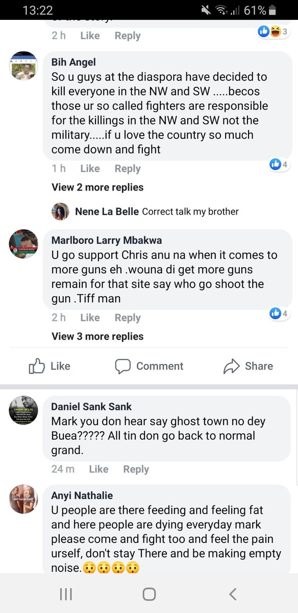 cameroonianess's tweet photo. Reality hits home on @BaretaNews news followers and supporters.Some #Ambazonians are now singing the rythm of our music. #Cameroon #Cameroun #LoveCameroon #Oneandivisible @CarlosAgbor @eni_che @vla @AIPC_HRO @ENdzenyuy @rbella24 @CameroonTruth @cameroon_we @LauraElinge https://t.co/p3UbtmHICf