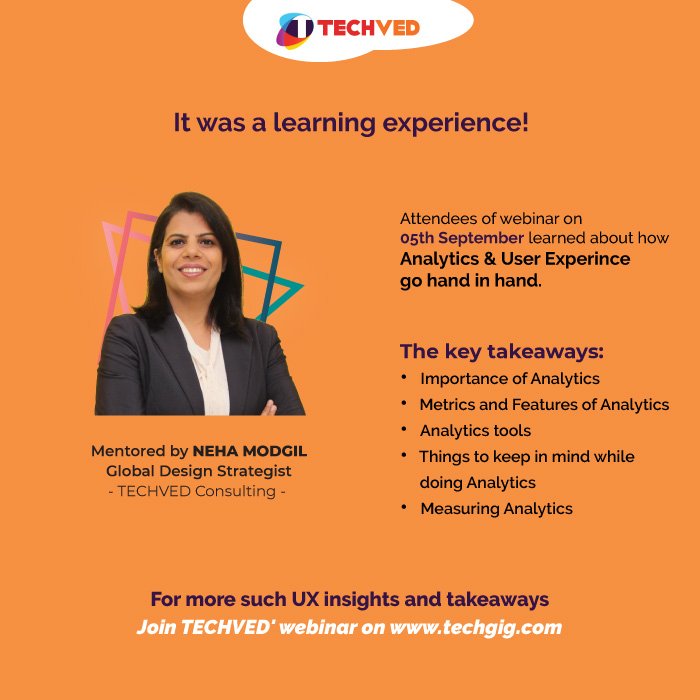 techved's tweet photo. Ms. Neha Modgil 's webinar overwhelmed with response on 5th September. Attendees learned about how Analytics & User Experience go hand in hand.
#UXAnalytics #UXUImumbai #TECHVED #webinar #takeaways #mumbaiUX #leadingUXUI #DesignThinking #UXUIIndia #techgig #ExploreUX #Users https://t.co/Nsq6SF7Fih