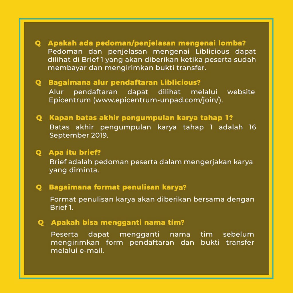 EpicentrumUnpad's tweet photo. Hello Youngsters!

Liblicious’s faq is ready to answer your question!
We hope that your curiosity has been answered through this faq.
—
#makeitvisible
#Epicentrum2019
#EpicentrumUnpad
#moreEPIC
#FikomSatu https://t.co/tJ9mk2CvUb
