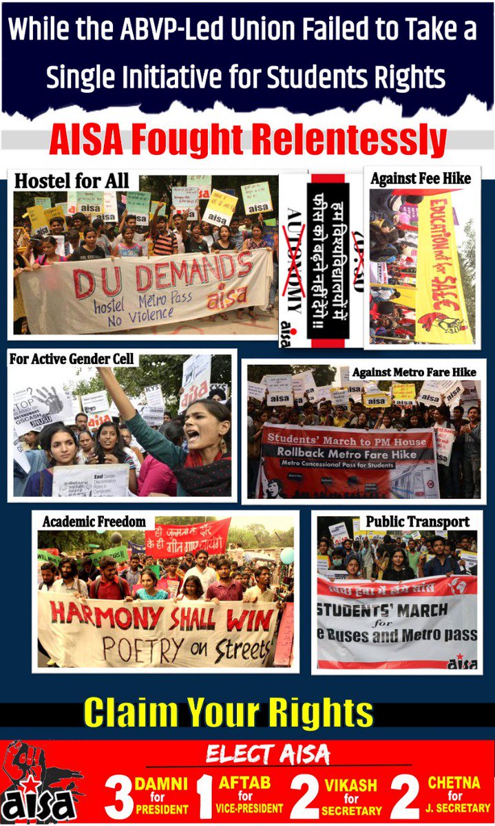 SimoneZoya's tweet photo. Elect AISA in DUSU
Vote for Metro Pass, Hostels &amp; Gender Cells

Damni Kain for P-3
Aftab for VP-1
Vikas for Sec-2
Chetna for J.Sec-2
3-1-2-2
#AISA4DUSU https://t.co/72ifHbEIyg