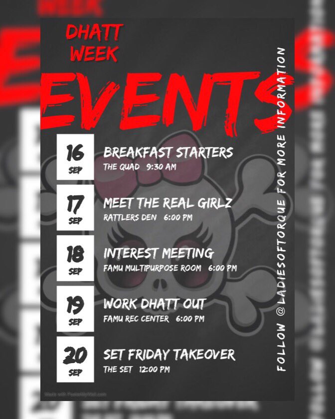 briaunamone_'s tweet photo. The Lovely Ladies of TorQue presents 🎀☠️ DHATT WEEK ☠️🎀 come out to our events around campus and meet the Real GirlZ🤸🏽♂️ #iSupportDhatt #DHATTWEEK #TorQueSZN #famu23 #famu22 #famu21 https://t.co/W8CuEYzMUZ