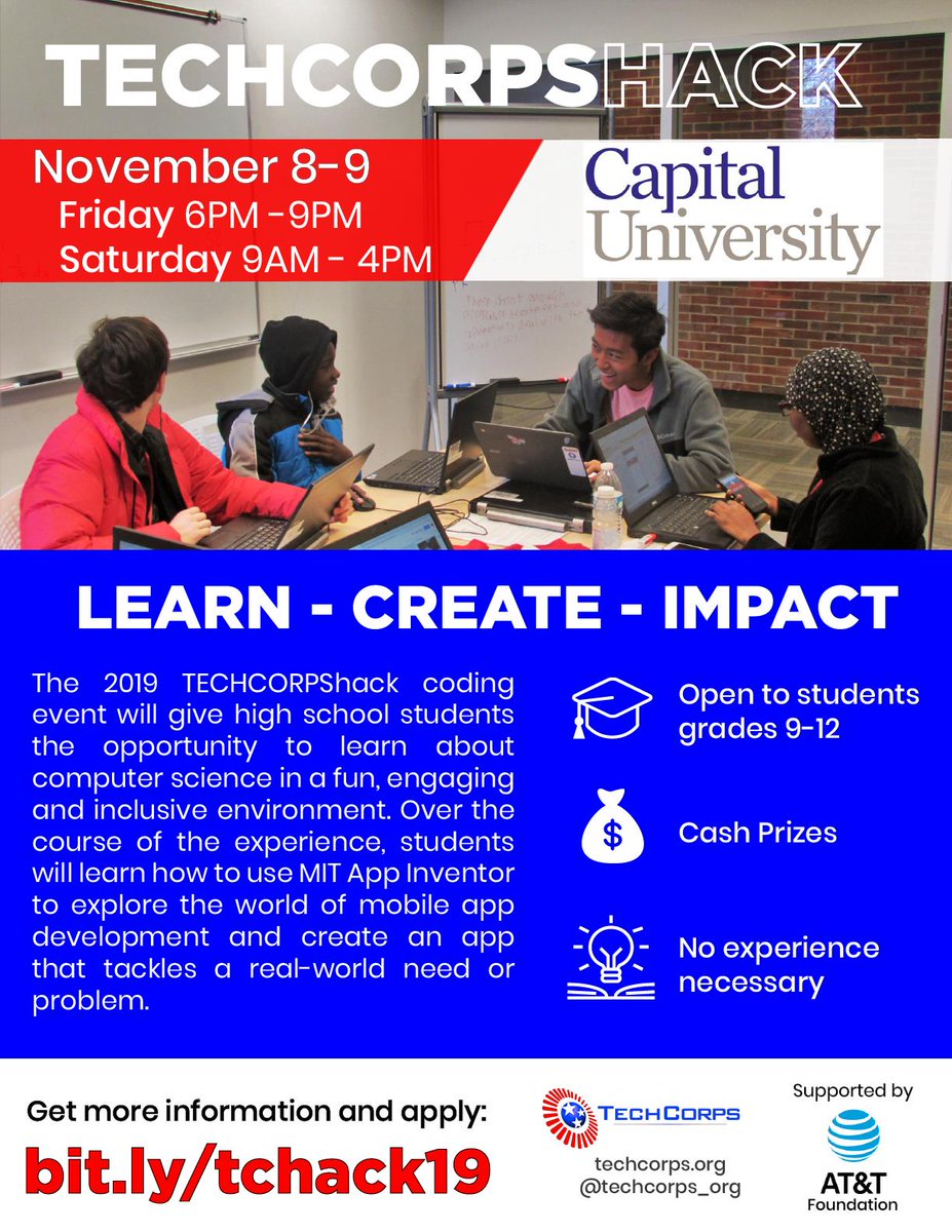 techcorpsus's tweet photo. Special thanks to our site partners @uakron, @Capital_U, @SinclairCC and @ZaneStateC for hosting our hackathon!  High school students, apply today at https://t.co/kp18osMzwy
@ATTimpact #ATTOH #2019TChack https://t.co/LKwUjpavOj