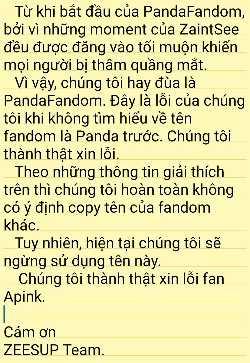 Mia_9897's tweet photo. Gửi đến #PandaFandom và #Apink fan
Chúng tôi xin được giải thích là chúng tôi sẽ sử dụng #ZaintSee là tên fanclub từ bây giời và chúng tôi thành thật xin lỗi.
Và cám ơn vì fan Apink đã thông cảm điều này!
Chân thành cảm ơn.
Engtrans: @SReflection17 https://t.co/L1NpSDySRW