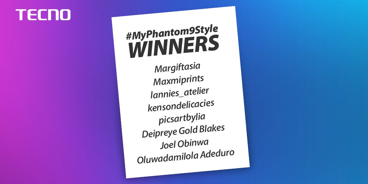 TECNOMobileNG's tweet photo. Congratulations to our final winners in the #Phantom9Experience competition. There are more opportunities to win lots of prizes on our page. Stay tuned. #MyPhantom9Style https://t.co/9UqesEyc36
