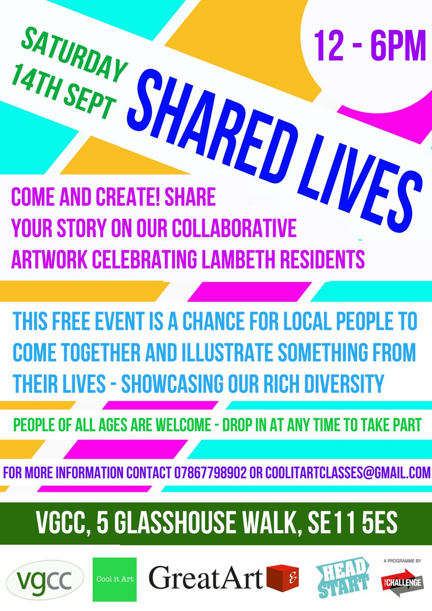 Please join us on Saturday for this FREE event at VGCC - The event will be run by young people  from <a href="/TheChallenge_UK/">The Challenge</a> - in partnership with <a href="/VauxhallGarden1/">VGCC</a> and sponsored by <a href="/GreatArt_UK/">GreatArt</a> #sharedlives #creativityforall #lambeth #headstart