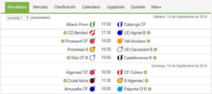 📆 J1 1ªReg 5
 
@AlbericPromeses @CatarrojaCF1924 <a href="/CDBenifaio/">CD Benifaió</a> <a href="/alginetud/">UD ALGINET</a> b <a href="/Picassent__CF/">Picassent CF⚽🔴🔵</a> Valls Alcalans Promeses Sueca <a href="/UDCarcaixent/">UD.CARCAIXENT</a> b <a href="/SillaCF/">Silla Club de Fútbol Oficial</a> b <a href="/CastellonenseUD/">UD Castellonense</a> b <a href="/AlgemesiCF/">Algemesí CF ⚽️</a> CF Cullera <a href="/CiutatFb/">Ciutat d'Alzira FB</a> <a href="/RacingAlgemesi/">Racing Algemesi C.F.</a> <a href="/almusafescf/">Almussafes CF</a> <a href="/PaiportaCF1922/">Paiporta CF</a> b

➡️siguetuliga.com/liga/comunidad…
