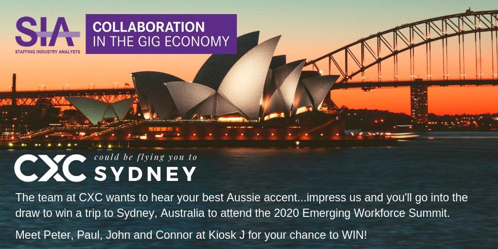CXCGlobal's tweet photo. Sop by Kiosk J today to meet the CXC team! Get your Aussie accent on and register to go in the draw to win a trip to Sydney in 2020! #ews2020 #gige2019 #cwsummit https://t.co/YDv5n9nXpV