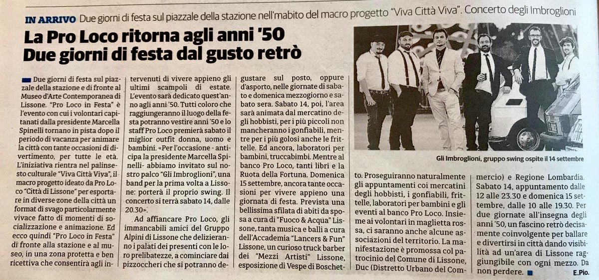 Anche la stampa parla della grande Festa anni 50 di Pro loco città di Lissone in cui suoneremo sabato sera!!!

#gliimbroglioni #swing #prolocolissone #anni50 #50s #lissone #monza #monzabrianza #brianza #musica #festa #50sparty #lorchestradellamore #press #concert #band #swingband