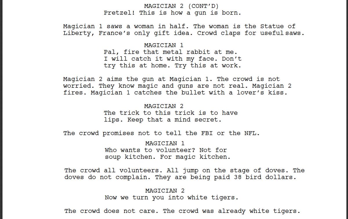 KeatonPatti's tweet photo. I forced a bot to watch over 1,000 hours of magic acts and then asked it to write a magic act of its own. Here is the first page. https://t.co/9YaHPU9N8a