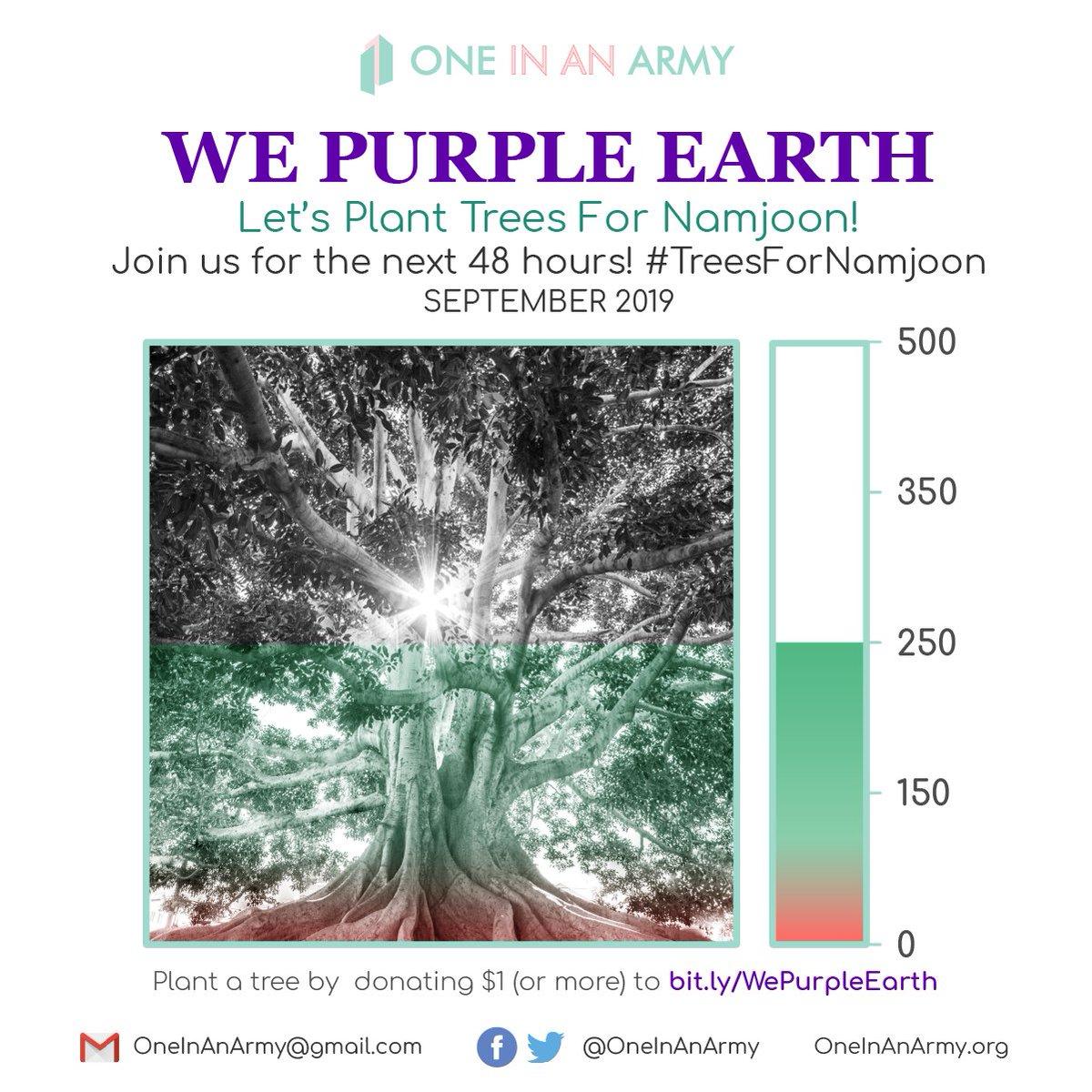 OneInAnARMY's tweet photo. 🥳HAPPY BIRTHDAY, KIM NAMJOON!🎉

For 24 hours, we are continuing the #WePurpleEarth project to plant #TreesForNamjoon with @OneTreePlanted in honor of your birthday!

304 ARMYs donated so far! 3639 trees planted!
#OurJooniverse
#HappyRMDay
#HappyNamuDay
👉🏾https://t.co/AL9eJWqIL2 https://t.co/QSDWhOeJNT