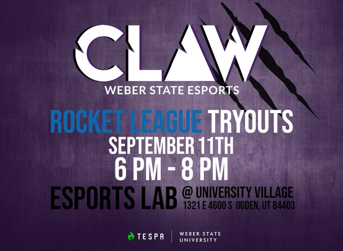 CLAW || Weber State Esports (@clawgaming_wsu) on Twitter photo ROCKET LEAGUE PLAYERS! Tryouts tonight @ 6 PM. #WeberState #LouderAndProuder 
and if you haven't joined our discord ⬇️
discord.gg/EYF3Rma
We're here to answer all your questions 💥 ROCKET LEAGUE PLAYERS! Tryouts tonight @ 6 PM. #WeberState #LouderAndProuder 
and if you haven't joined our discord ⬇️
discord.gg/EYF3Rma
We're here to answer all your questions 💥