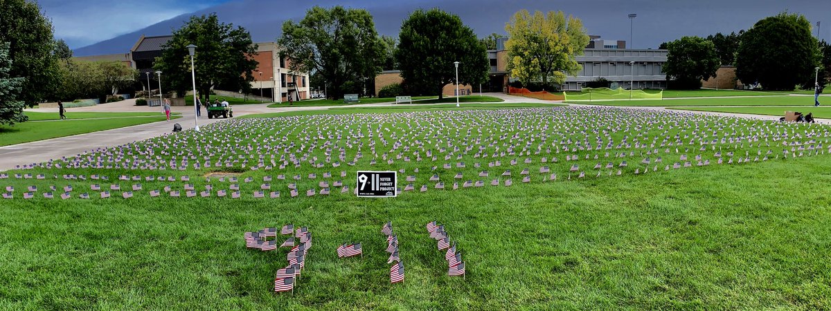 SDSU_Republican's tweet photo. This morning, SDSU College Republicans and Turning Point placed 2,977 flags to honor those that lost their lives during the attacks of 9/11. We will never forget. https://t.co/RJssg7Xttv