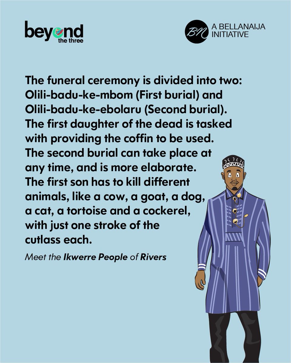 bellanaija's tweet photo. The Ikwerre people of Rivers State start their funeral rites for the elderly before they are even dead. Yup! And when the death takes place, there are two burials.
Read as Nhaoma takes us through their customs on #BeyondTheThree
https://t.co/rK0n4dHjPT https://t.co/DBZmTkJj2T