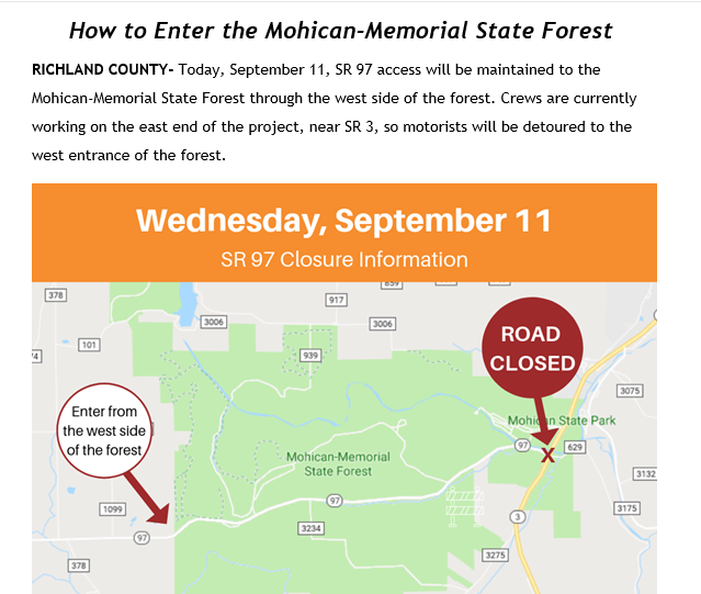 Planning to go to Mohican Forest today? ODOT is conducting roadwork on Ohio 97. Here's how to access Mohican-Memorial State Forest today. 
#ODOT #Mohican #Trees #RichlandCountyOhio