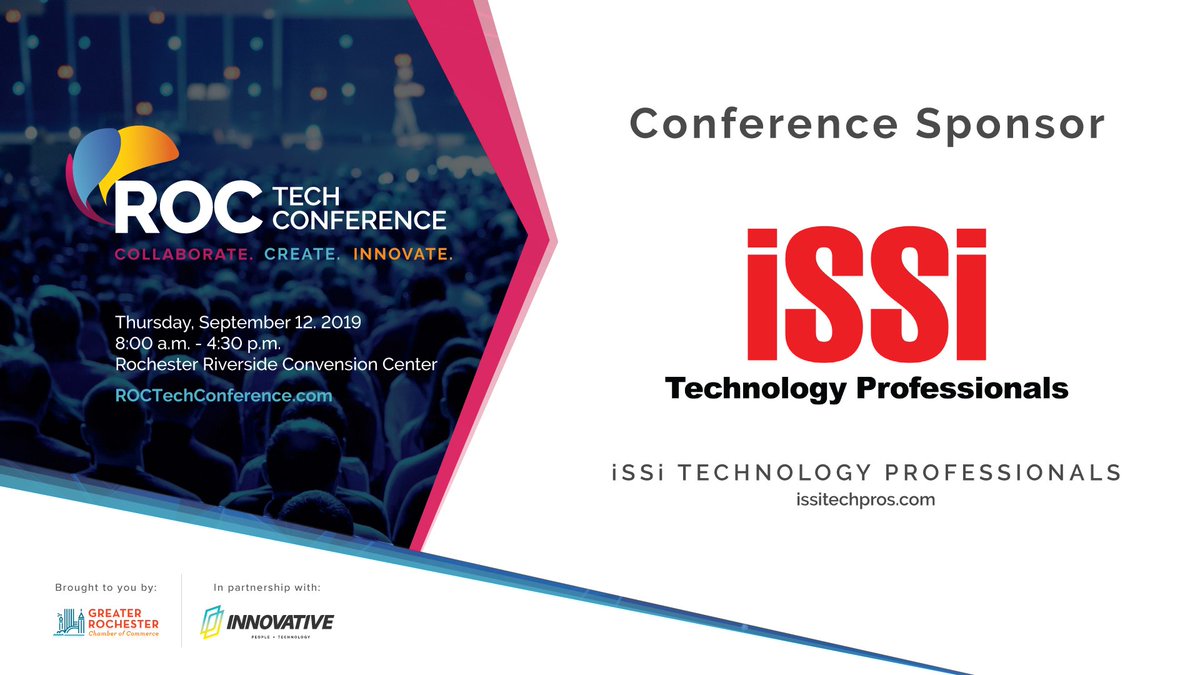 ROCTechConf's tweet photo. The team at @ISSI_WW will be joining us tomorrow at ROC Tech19! Thanks for your investment into growing tech in our region! https://t.co/crCBa7IFQo 
#lead #technology #collaborate #innovate #rtc19 #togetherwewin https://t.co/ruShiRt33s