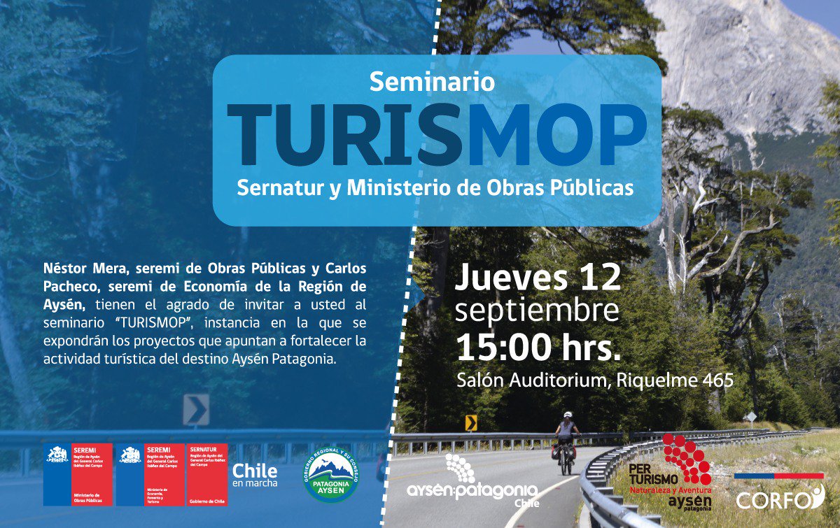 sernaturaysen's tweet photo. No te olvides!!!
Seminario #TurisMop

Una instancia para conocer los proyectos que apuntan a fortalecer el desarrollo de la actividad Turística en #AysenPatagonia https://t.co/bClR6NhiXh