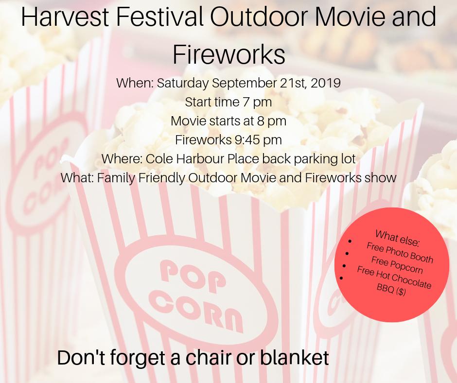 Although Harvest Festival was hurricaned out we have an Outdoor Movie Night and Fireworks planned for next weekend!

Join us Saturday September 21st for an Outdoor Movie and Fireworks. There is also food and a photo booth!