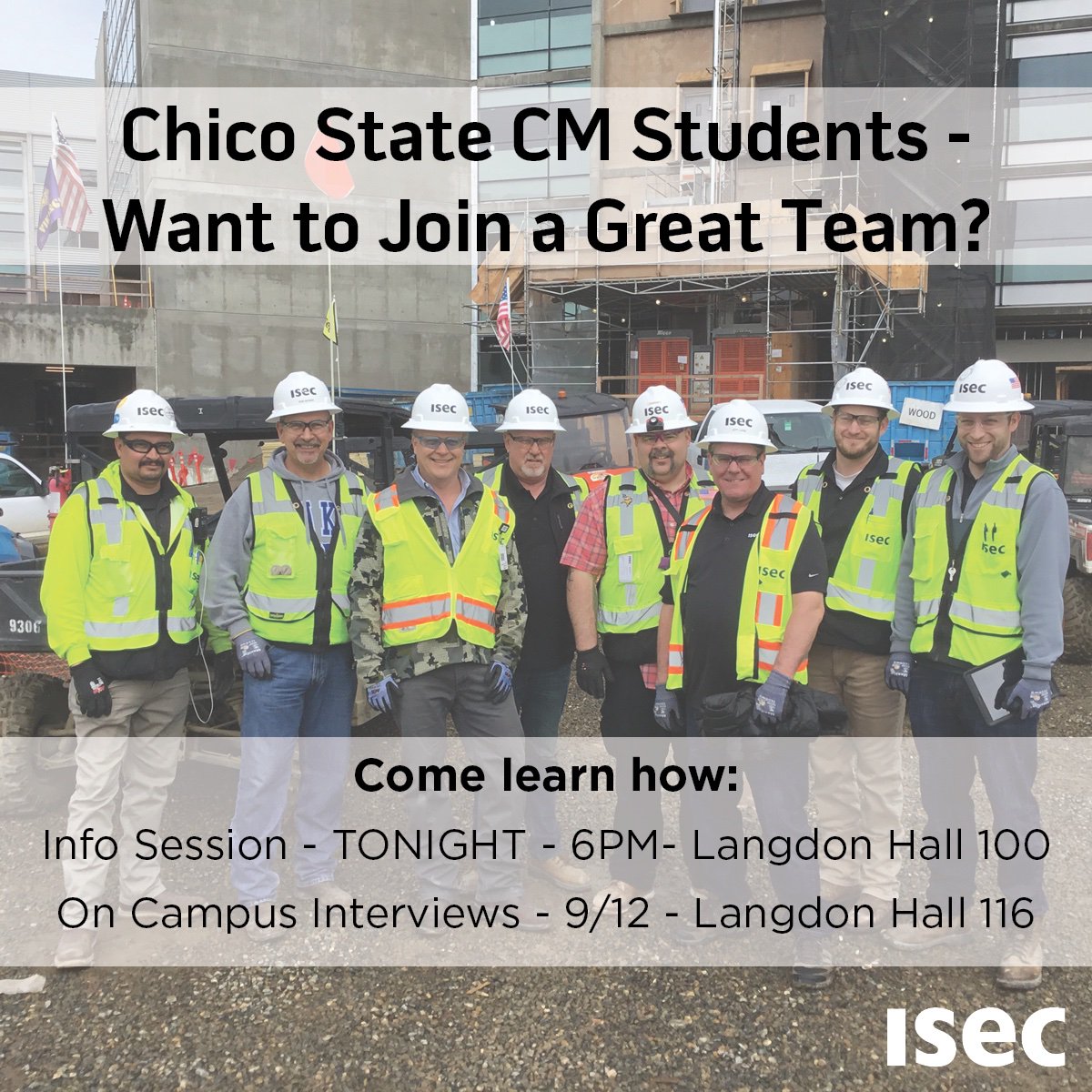ISECBuilt's tweet photo. Hey @chicostate #constructionmanagement students- come out and meet our #isecnorcal team tonight to learn how to #buildyourcareer with us! Campus interviews are tomorrow so be sure to sign up!
.
.
.
#ISEC #northerncalifornia #norcalconstruction #teamwork #constructioncareers https://t.co/FRdPlCN0uJ