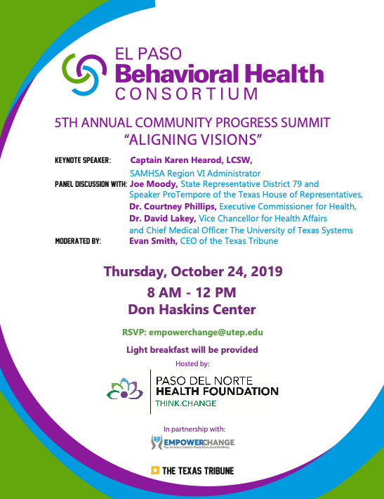 EmpowerPDN's tweet photo. Next month:
2019 El Paso Behavioral Health Consortium
 
RSVP: empowerchange@utep.edu https://t.co/iEUYHrC1Tr