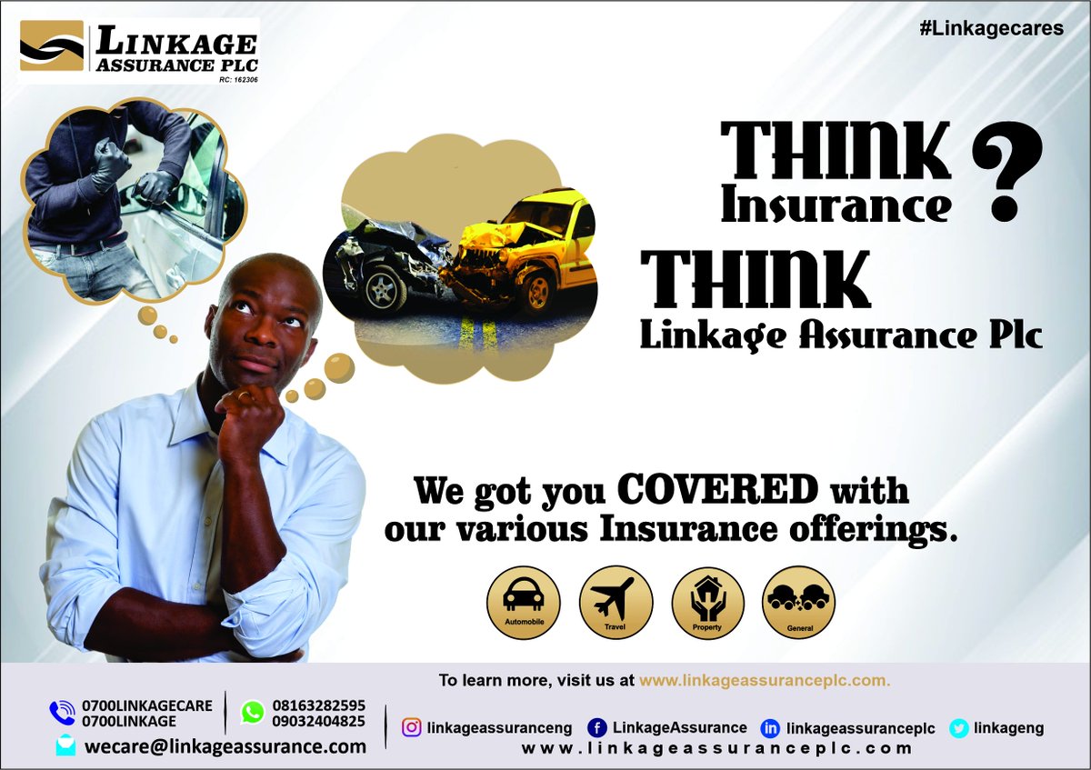 Whichever insurance cover you need, we have got you covered with our various Insurance offerings.

Think Insurance...
Think Linkage Assurance Plc.

#Linkagecares #Insurance #Motor #Brokers #Protectionthatcounts