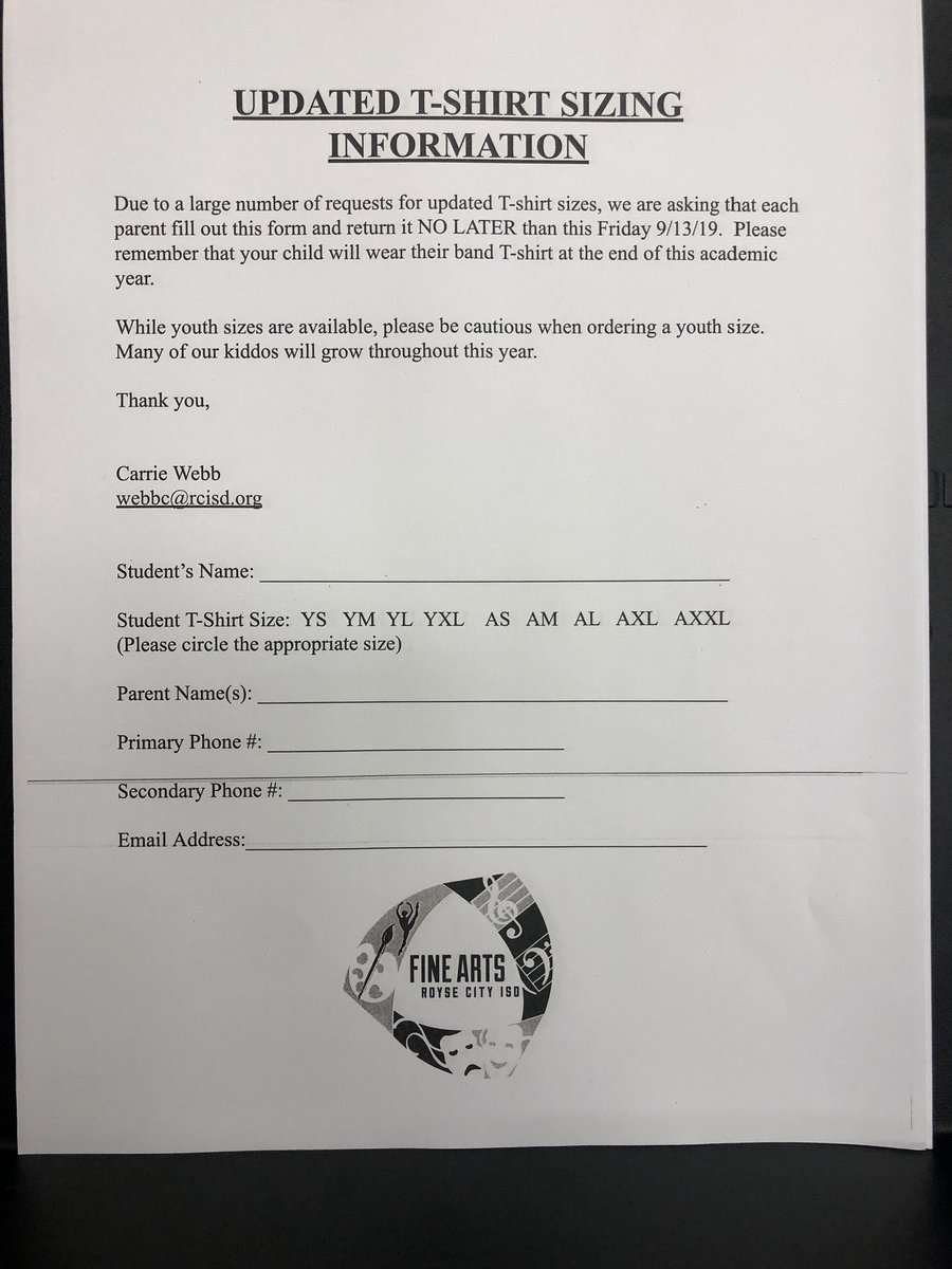 Hey parents!  Please return our updated T-shirt information form by Friday.  We want to ensure that your child is confident with their shirt size when they need to wear it in May.  Thank you! 😍