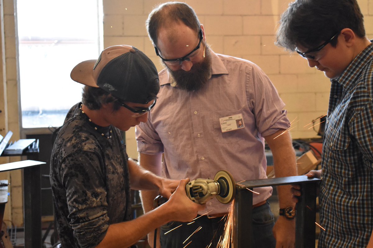 Students in Mr. Elrod's Welding 2 class grind welds to look presentable.  Many students in this class will begin to work on their Ag Mechanics welding projects that they will take to shows beginning in January.