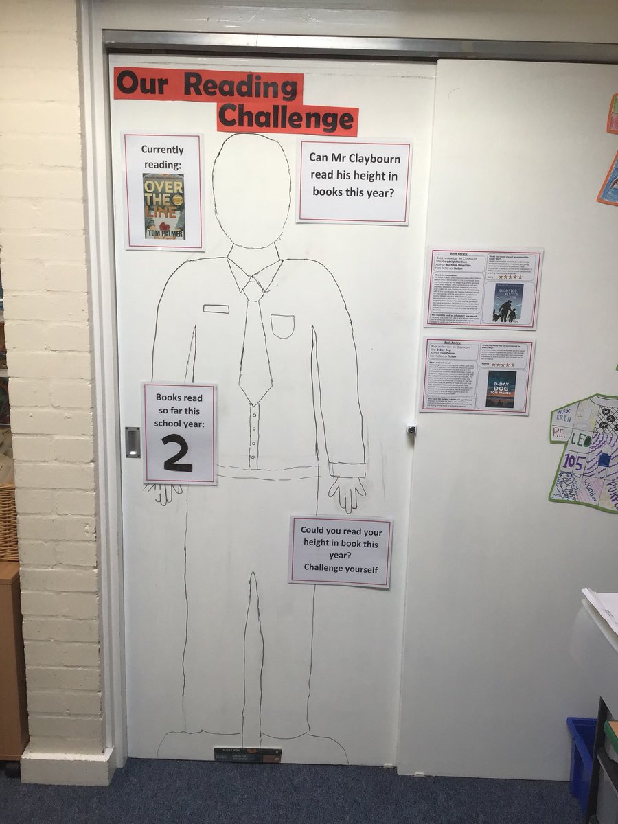 SClaybourn87's tweet photo. In an attempt to encourage my class to read more, I have set myself a challenge to read my height in books. I have shared this with them and urged them to challenge themselves too. I will add book reviews as I go and build the height up using the spines. @_Reading_Rocks_  1/2 https://t.co/Z9NSYq1Whz