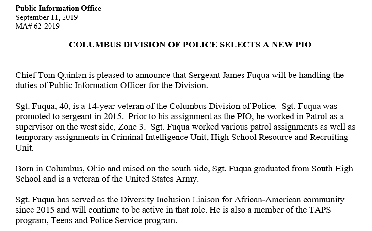 Columbus Ohio Police Cpd Selects New Public Information Officer Sgt James Fuqua Is A 14yr Veteran Of Cpd He Previously Worked In Patrol As A Supervisor West Side Zone 3 Born In